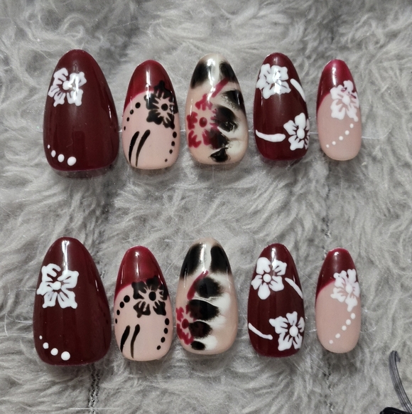 Handmade Other - Burgundy & Blush Floral Press-On Nail Set